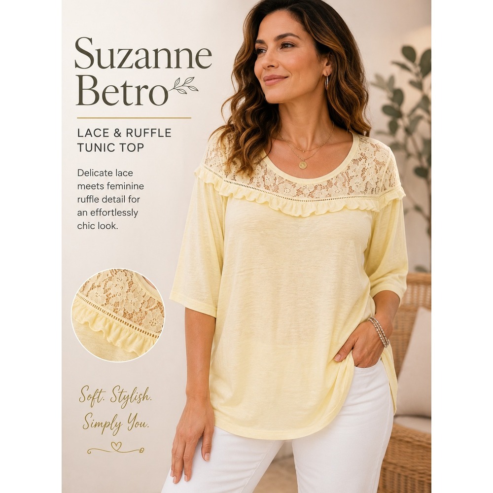 NEW Suzanne Betro Lace Trimmed Ruffled Top Yellow‎ 4X Lightweight